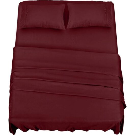 Polyester Microfiber Bedding Set (4 Pieces, Burgundy) - 1 Fitted Sheet 150x200cm, 1 Flat Sheet 266x259cm and 2 Pillowcases 50x75cm