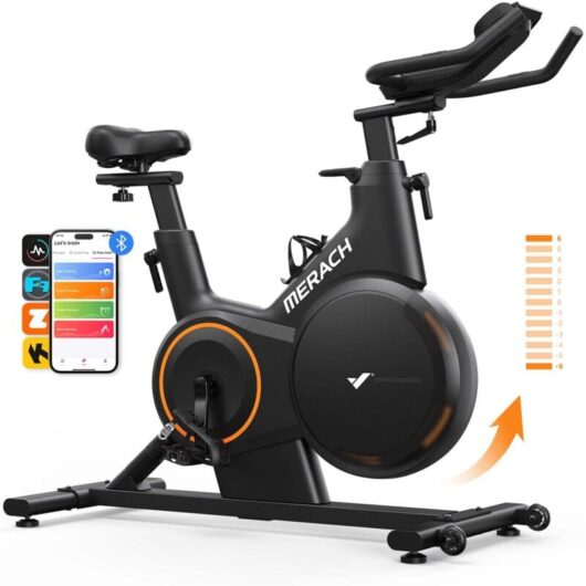 MERACH Exercise Bike with LCD Display, Stationary Bike with Exclusive App for Customized Exercise Plans, Quiet Indoor Cycling Bike for Home