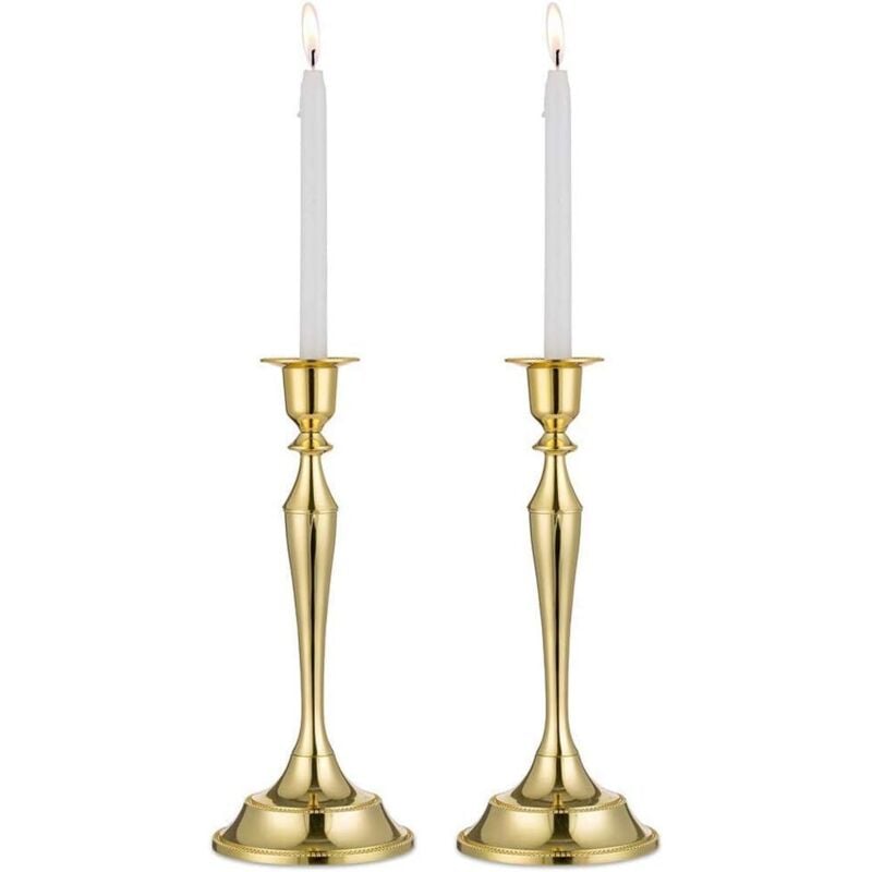 Set of 2 Single Head Candle Holders, Hourglass Shaped Metal Candlestick Holders, Fits All Standard Size Candlesticks (Gold, 2 x Large)