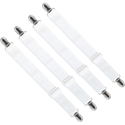 Adjustable Fitted Sheet Straps (65cm to 200cm), Fastening Fastener, Adjustable Strap for Bed Sheet, Sofa, Ironing Cover (White, Set of 4)