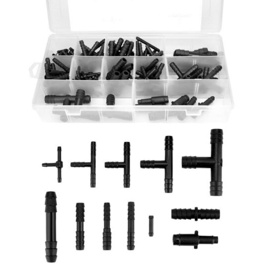 113-Piece Hose Connector Set - 12 Sizes of Straight and Reducer Fittings - for Windshield Washer Hoses, Garden Hoses, and Irrigation Systems