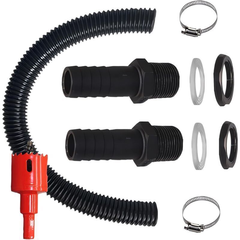 Rainwater barrel fitting kit, rainwater tanks with fittings, connecting hose, hole opener and hose clamp, for rainwater barrels, tanks,