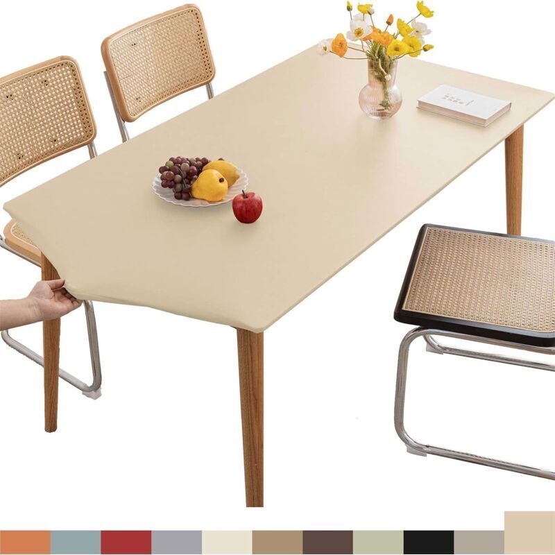 Rectangular Fitted Leather Tablecloth, Elasticated Edges, Washable Tablecloth for Outdoor Use, Patio, Kitchen and Dining Room - Beige 4FT 120x60CM