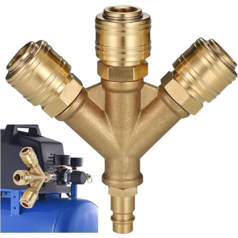 Air Hose Compressor, 3-Way Compressed Air Fitting with 3 Connectors, 1/4" Threaded Air Hose Connector, Brass Compressed Air Distributor, Y-Shaped Air