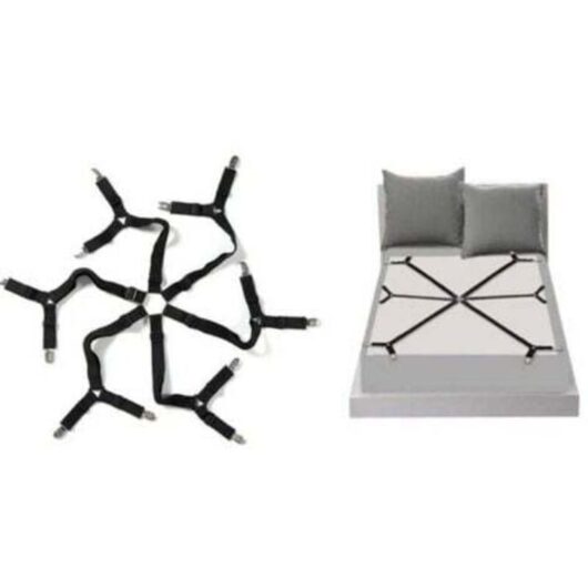 Adjustable Elastic Fitted Sheet Straps (Black 3-Way), crisscross bed sheet fasteners, suitable for round and square mattresses.