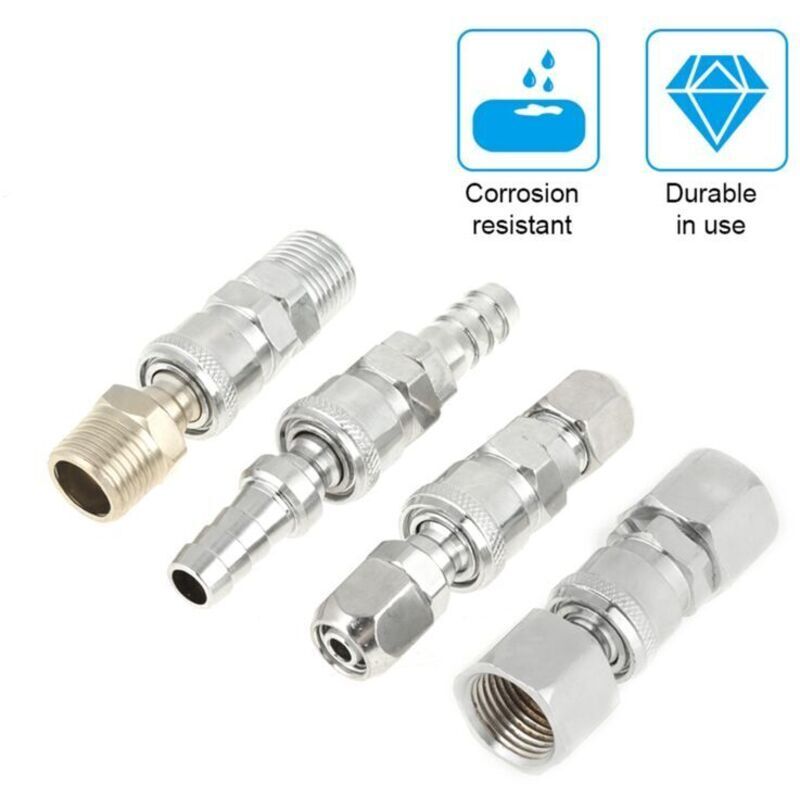 Compressed air hose fittings, 8-piece set with 1/2" BSP male quick-connect fittings, including 8 x 12mm quick-connect fittings and plugs