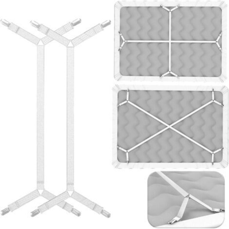 Cross-over bed sheet straps - white, 8-clip fasteners, for securing sheets (fitted or flat) - elastic clips, buckles, fasteners, straps, ties