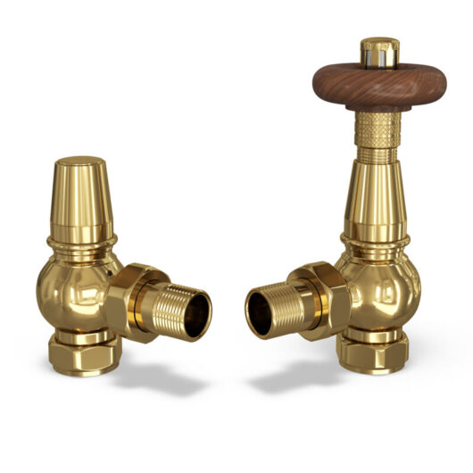 Derry Traditional - Polished Brass Thermostatic Radiator Valve & Lockshield Angled 15mm