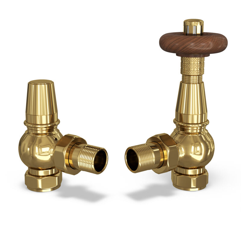 Derry Traditional - Polished Brass Thermostatic Radiator Valve & Lockshield Angled 15mm