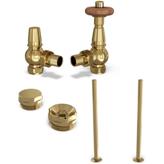 Derry Traditional - Thermostatic Radiator Valve & Accessory Kit - Polished Brass Angled 15mm
