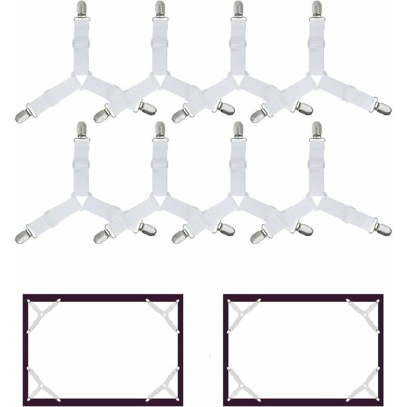Dewdat - 8 Pieces Bed Sheet Clips, Adjustable Elastic Triangle Support Straps for Fitted Sheet and Flat Sheet Bed Sheets, Mattress, Sofa Cushion,