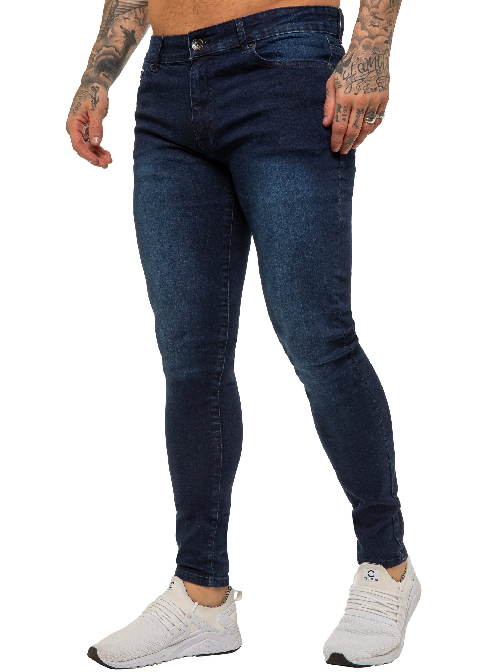 Enzo | Mens Designer Stretch Skinny Fit Jeans - Dark Stonewash / 26W / Regular (32")