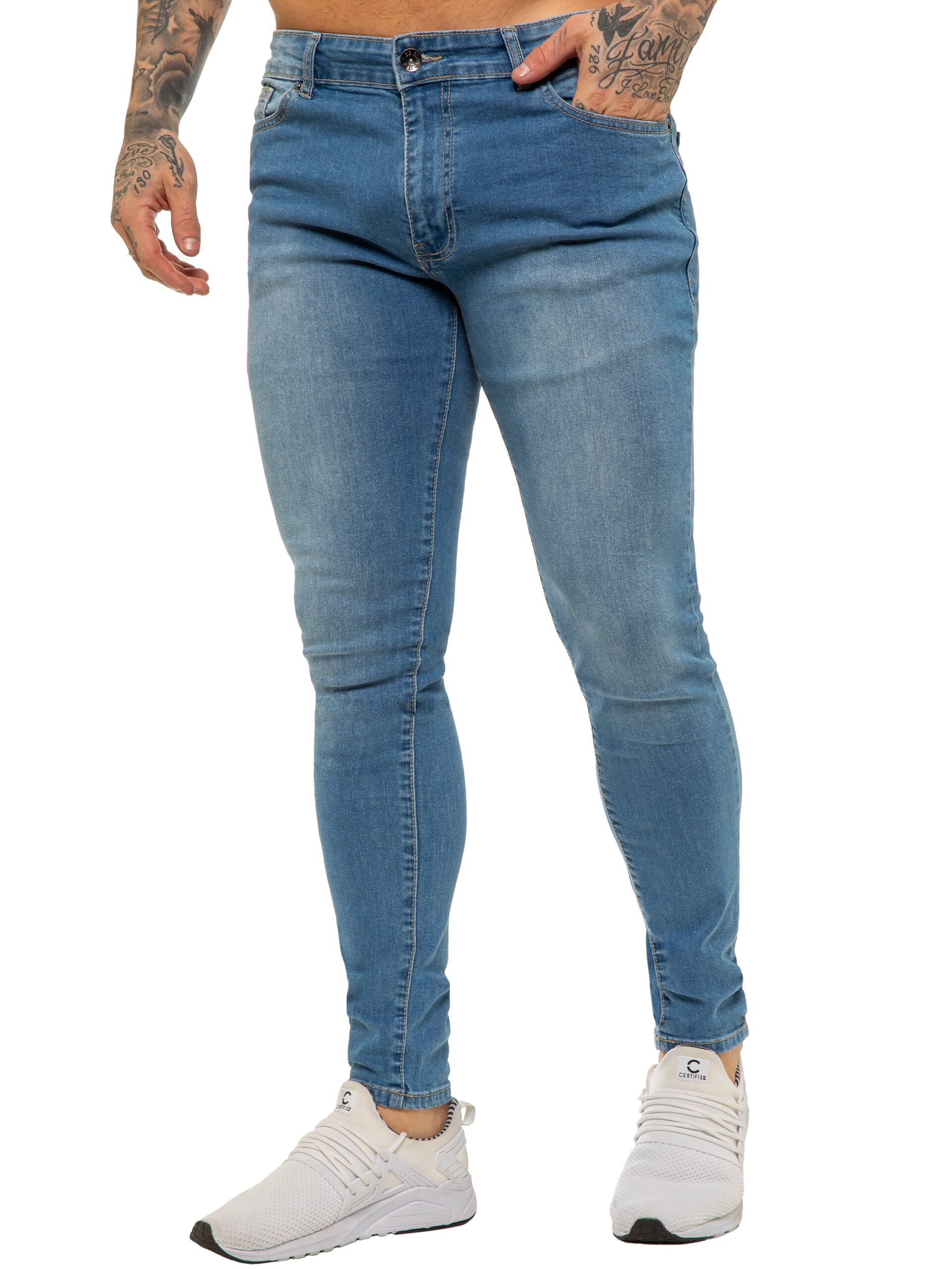 Enzo | Mens Designer Stretch Skinny Fit Jeans - Light Stonewash / 26W / Regular (32")