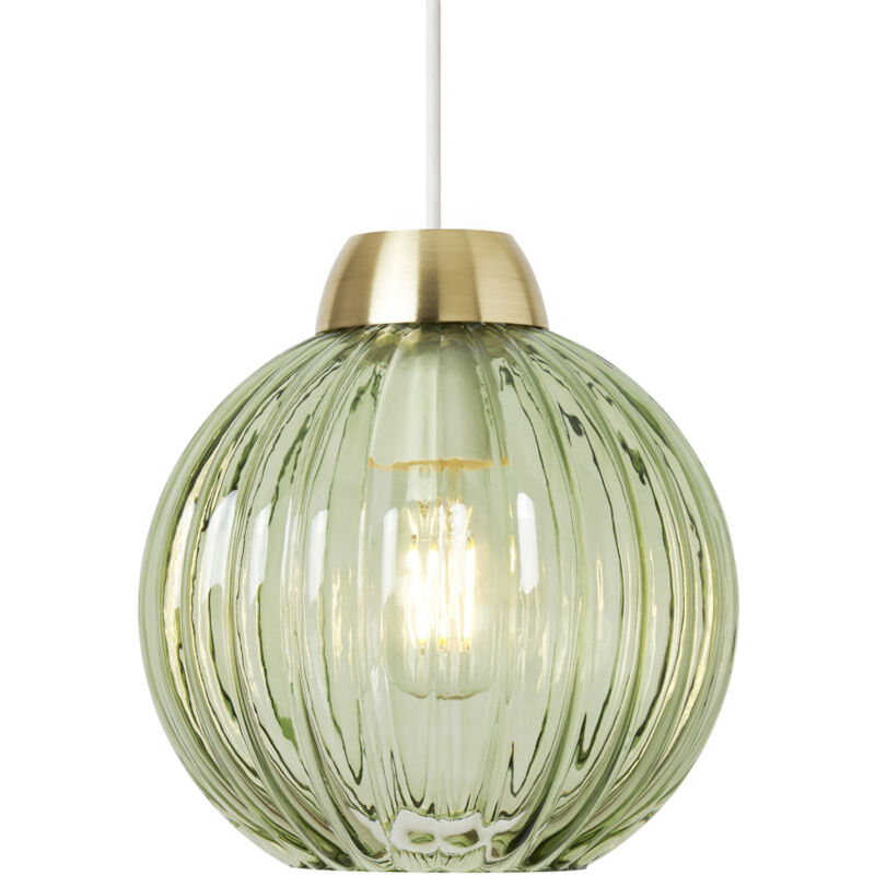 Litecraft Clara Light Shade Green Glass Ribbed Easy Fit Lampshade - Satin Brass