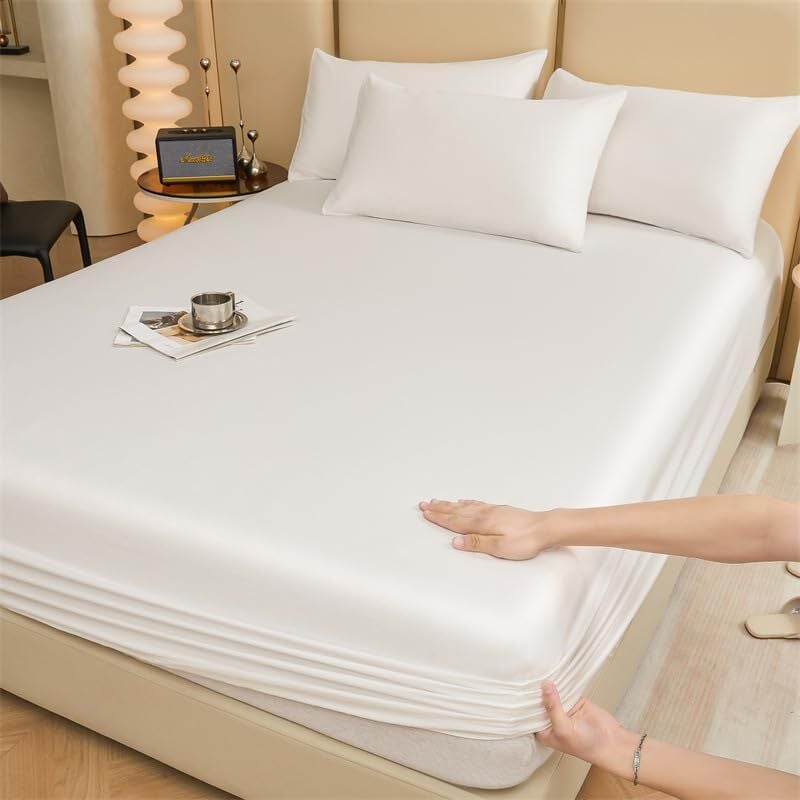 Mattress Protector 200 x 180 cm, Queen Fitted Sheet for Double Bed, Cotton Fabric, 30 cm Deep Pocket Fitted Sheet, Non-Slip Design (White, Sheet Only)