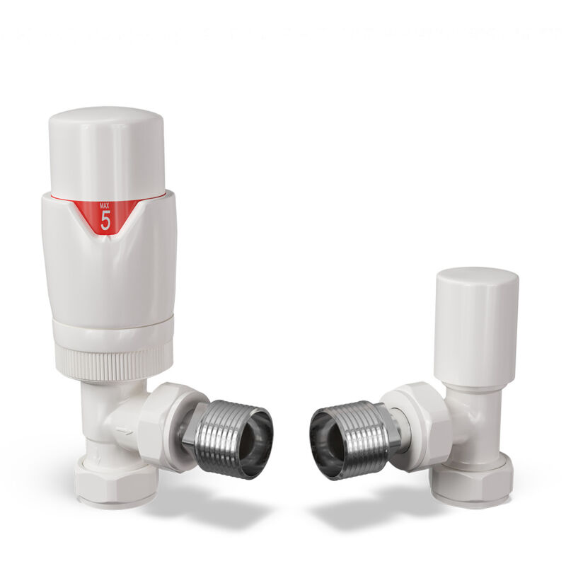 Stirling Bold - White Thermostatic Radiator Valve & Lockshield Angled 8mm