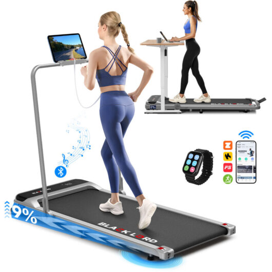 Black Lord - Walking Pad, Foldable Treadmill for Home with 2-level Incline, led Display & Bluetooth Speaker & Wireless Control - Silver