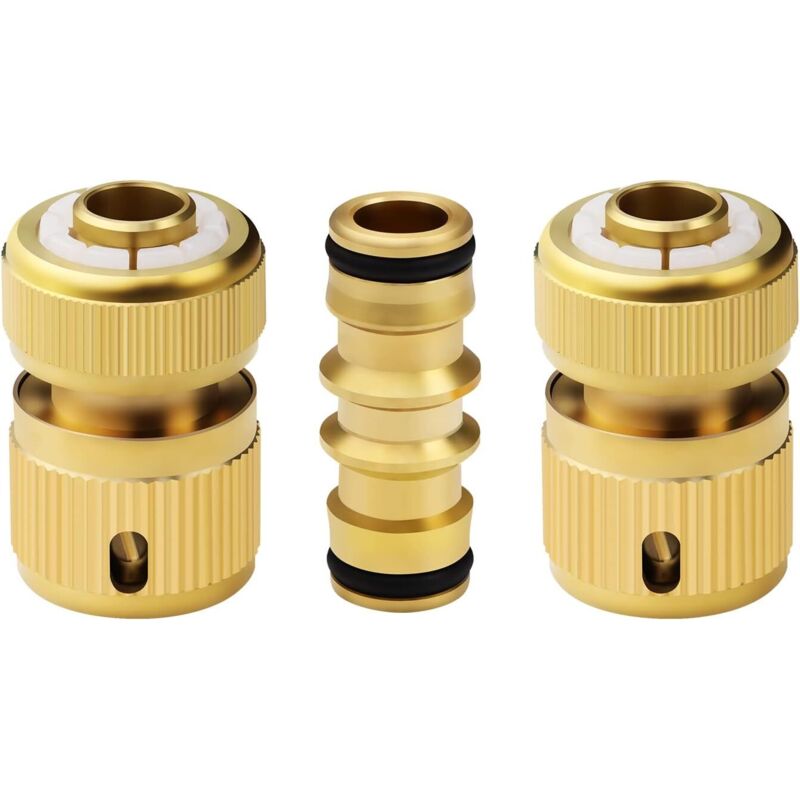 Brass double male hose connector and 2 x 1/2 inch quick-connect hose end fittings for water connection