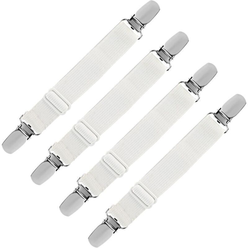 Elastic Fitted Sheet Tensioner, Adjustable Strap Fastener for Bed Sheets, Sofa Sheets, Ironing Board Covers (White, Pack of 4)