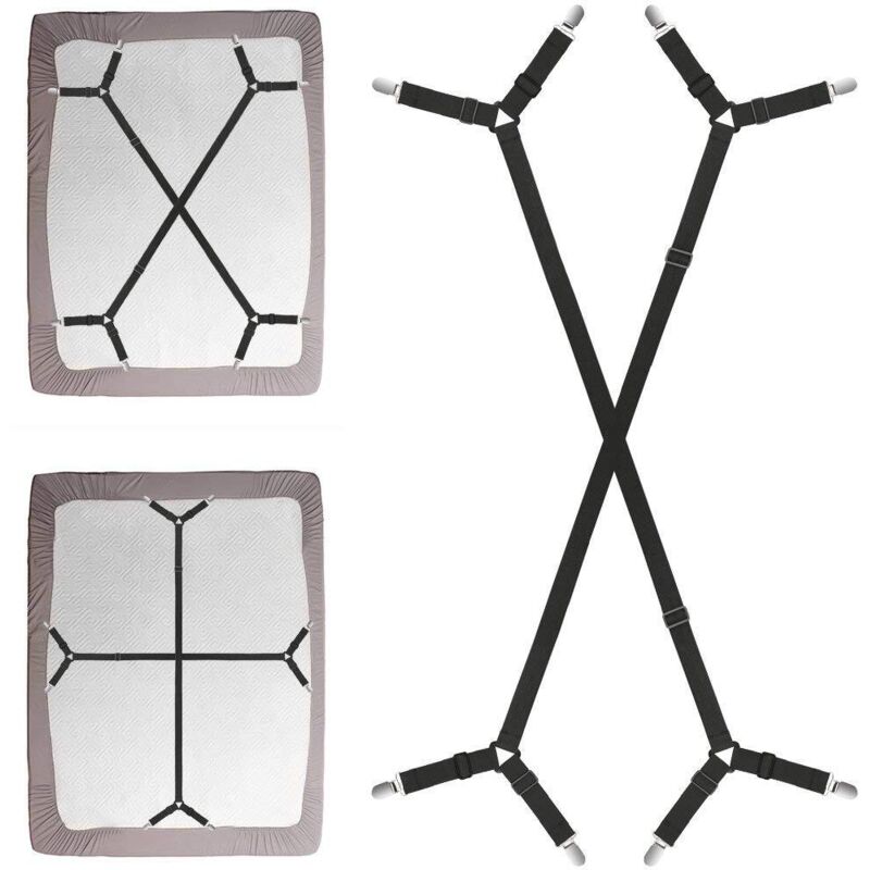 Fitted sheet fasteners, 2 pieces, adjustable cross straps for fitted sheets and mattress covers