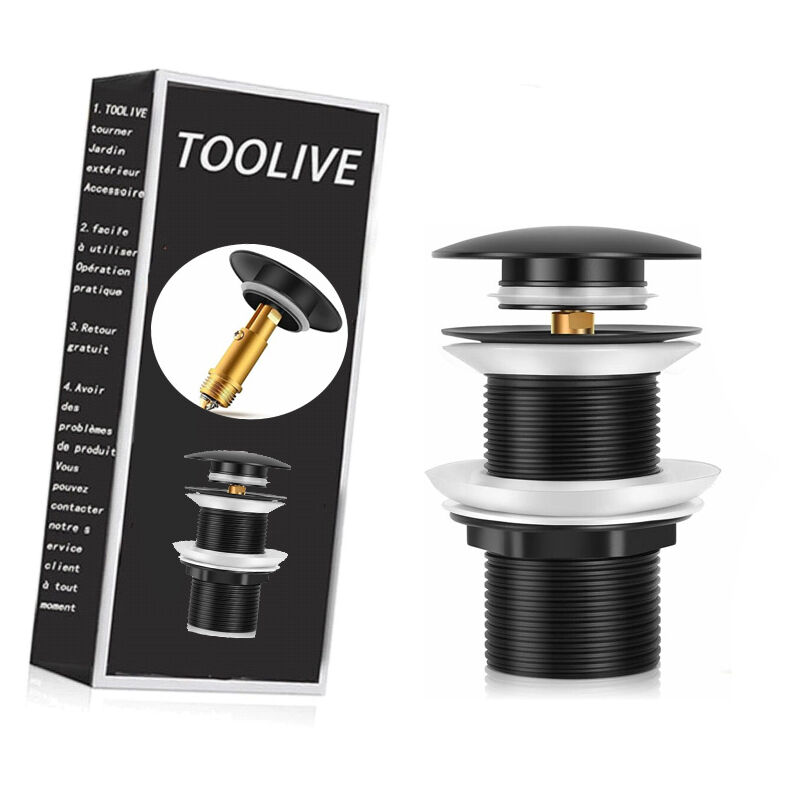 Komiro - Universal Pop-Up Drain Fitting Without Overflow, Pop Up Click Clack Sprung Plug Slotted, Matt Black Without Overflow, for Sink and Washbasin