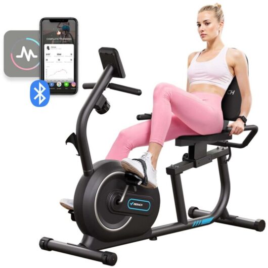 MERACH Recumbent Exercise Bike with 8 Resistance Levels, Bluetooth & Exclusive App Connectivity, LCD Display, Heart Rate Handle, Magnetic Bikes