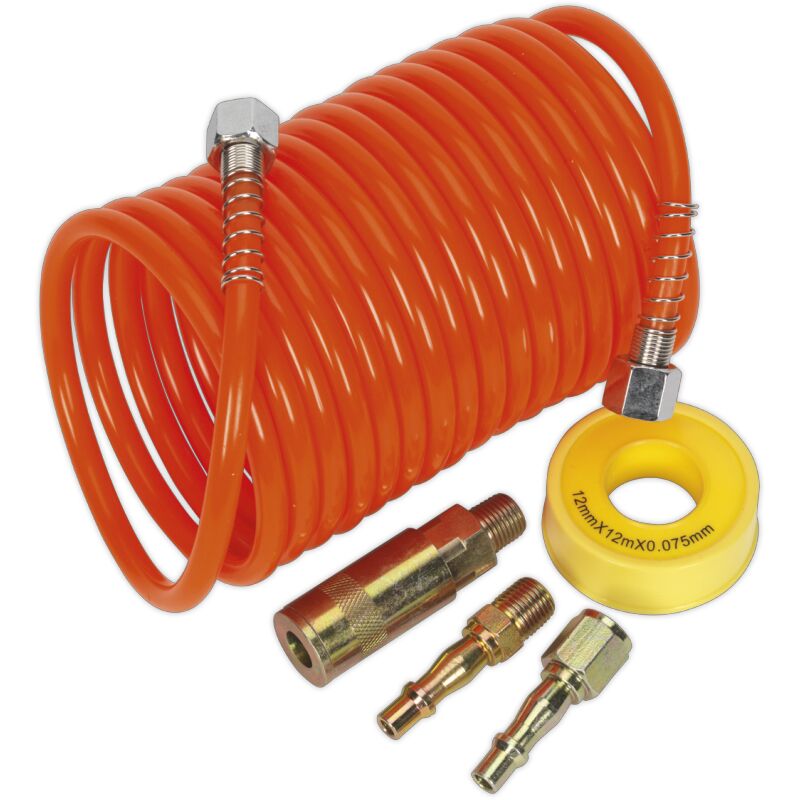 Pe Coiled Air Hose Kit with Connectors 5m x 5mm AHK03 - Sealey