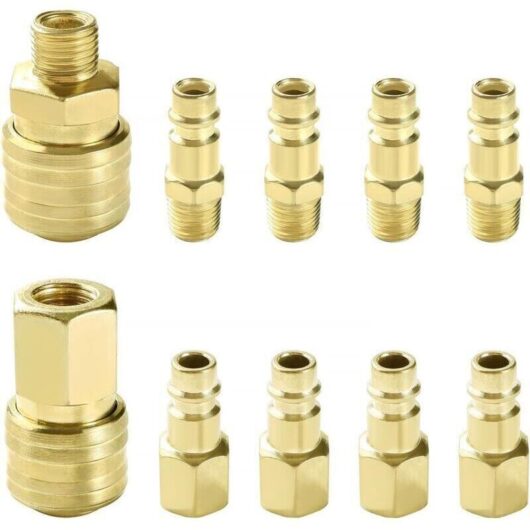 10 Pieces 1/4" BSP Pneumatic Air Coupler Kit, European Pneumatic Quick Fitting, Compressor Air Fitting, for Compressor Hose, Gold