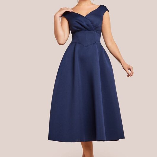 Corset Fit & Flare Midi Dress - Navy by Goddiva