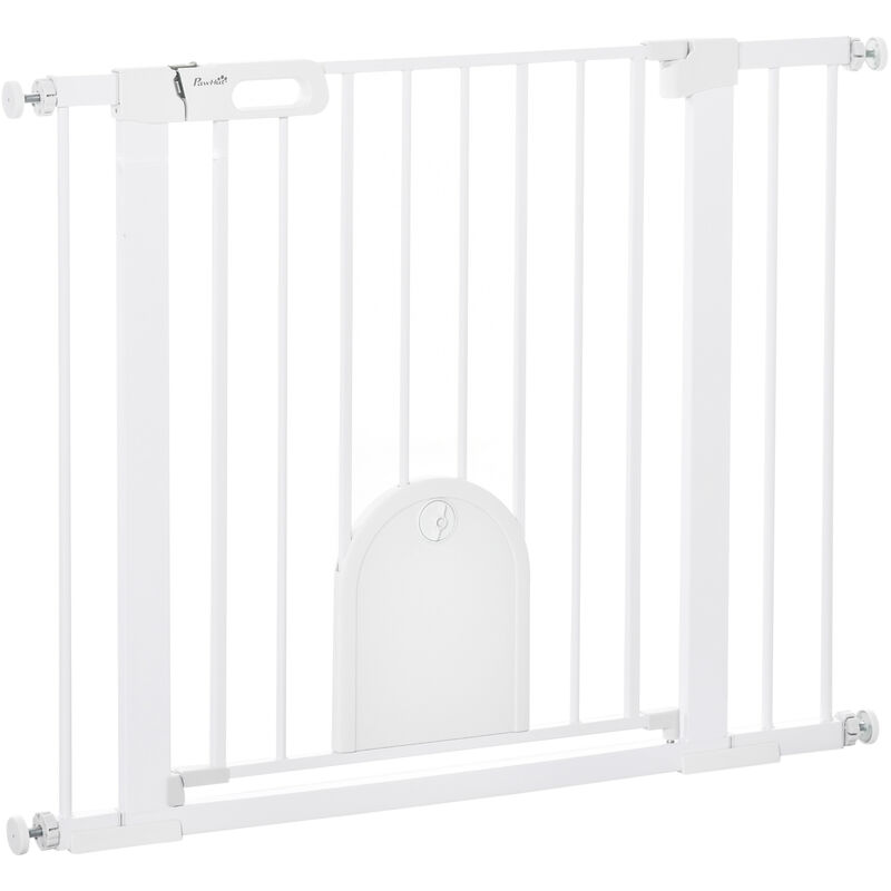 Dog Gate with Cat Flap Pet Safety Gate Barrier, Stair Pressure Fit Black 76x103 cm - Pawhut