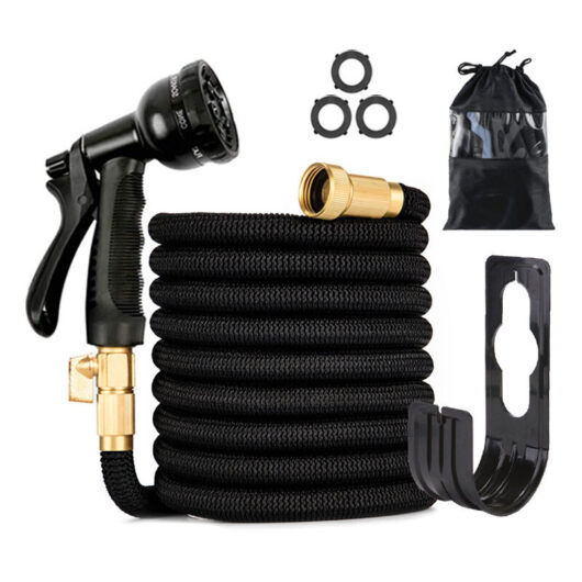 Expandable Garden Hose 10m, Flexible Water Hose with 8 Pattern Spray Gun, 3/4' and 1/2' Solid Brass Fittings, Garden Hose with Storage Bag, Black